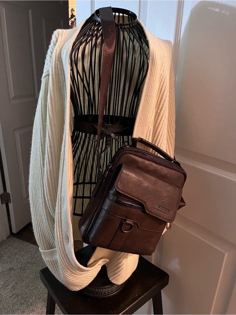 Weekend Leather Crossbody Bag - Brown - Vintage Style cream colored sweater